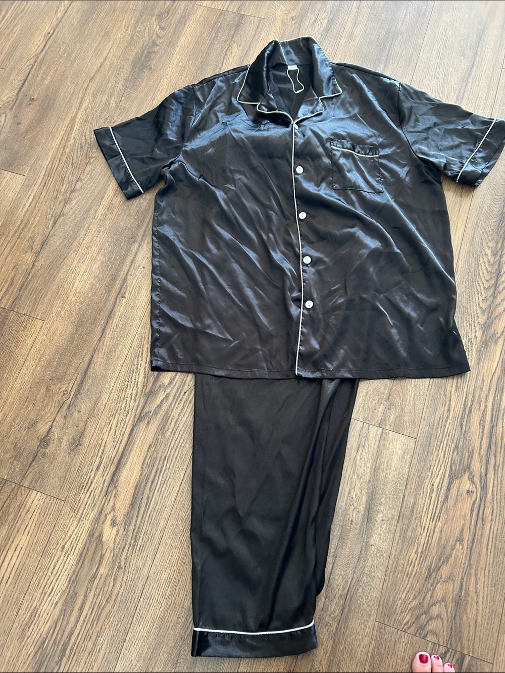Black Men's Satin Short Sleeve Pajama Shirt and Pants Set